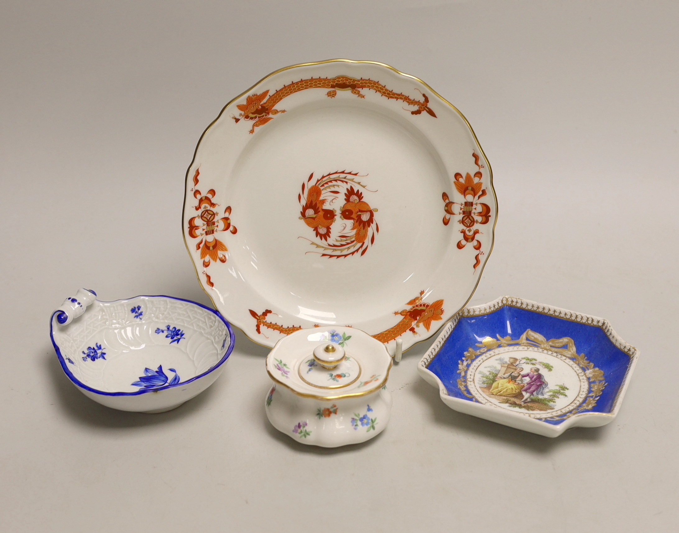 Four Meissen porcelain items including a plate, two small outside decorated dishes and a miniature lidded pot, plate 18cm